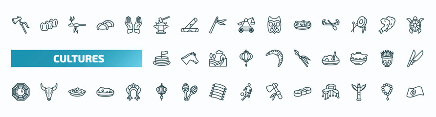 set of 40 special lineal cultures icons. outline icons such as native american axes, blacksmith, fabada, cake with a flag, native american spear, pa kua mirror, paper lantern, mantecados, native