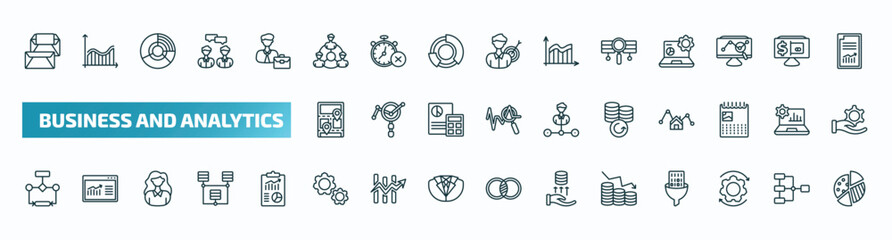 set of 40 special lineal business and analytics icons. outline icons such as correspondence, partnership, stock data analysis, 3d location graph, money back, flow chart, cogwheel hine part, increase