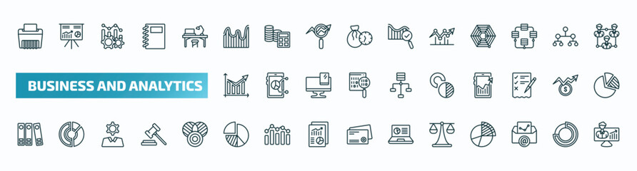 set of 40 special lineal business and analytics icons. outline icons such as paper shredder, wave chart, dot, diagram, value chart, binder, chart pie, legal, email analytics, user stats line icons.