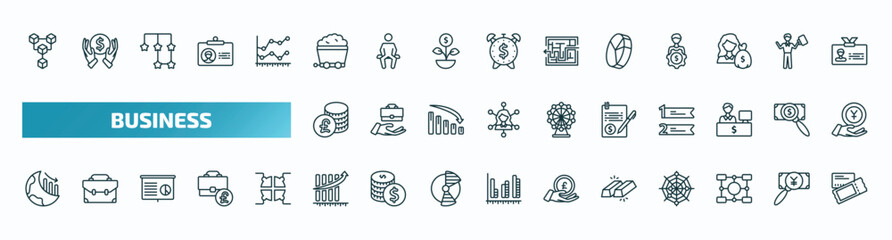 set of 40 special lineal business icons. outline icons such as connection box chart, mining cart, quarter pie chart, pounds coins stack, bailment, globe analytics, measuring success, ingot, item