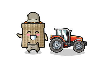 Fototapeta premium the wheat sack farmer mascot standing beside a tractor