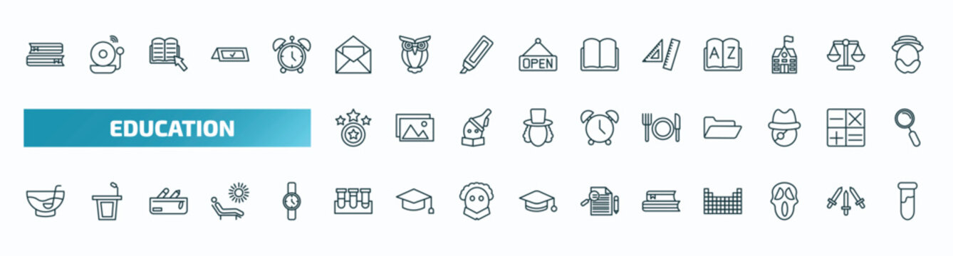 set of 40 special lineal education icons. outline icons such as books couple, invitation, rulers, proud, lunch, punch bowl, test tubes, books, scream, tube line icons.