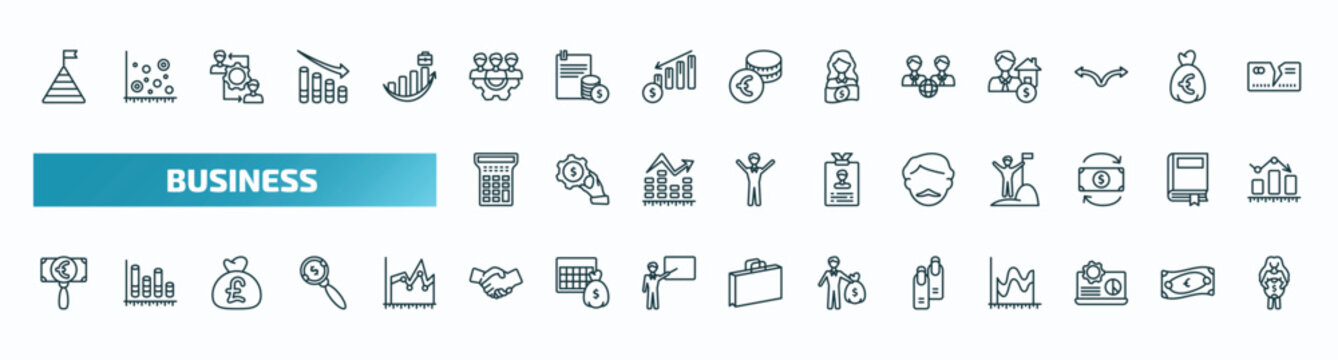 set of 40 special lineal business icons. outline icons such as stats pyramid, work parteners, partners in business, calculator maths tool, man with moustach, euro under magnifier, shaking hands,
