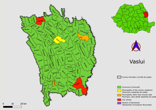 Vector map of the administrative divisions of Vaslui county with communes, city, municipalities, county seats  