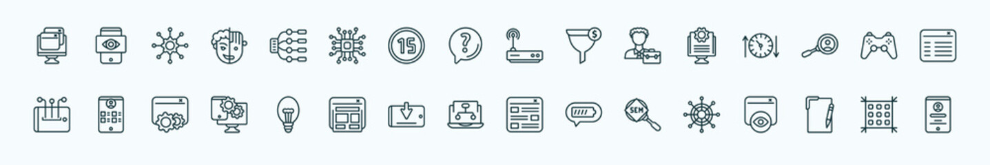 special lineal technology icons set. outline icons such as virtual hine, type hierarchy, routers, ide, video game controller, wireframe, electric light bulb, sitemaps, search engine marketing, text - obrazy, fototapety, plakaty