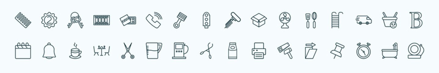 special lineal tools and utensils icons set. outline icons such as combs, chote box, auger, kitchen tools, empty shopping basket, hanging bell, open scissors, forceps, carpentry, timer round clock,