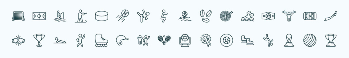 special lineal sports icons set. outline icons such as hockey goal, hockey puck, waterpolo, swimming figure, hockey arena, football cup, roller skate, tennis game, football ball circular, world cup,