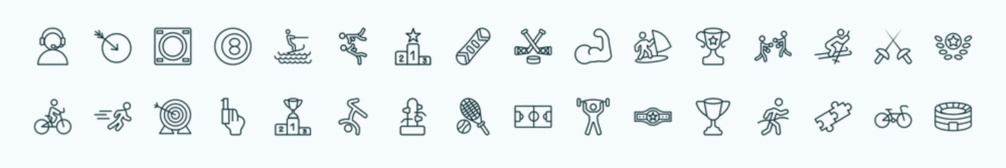 special lineal sports icons set. outline icons such as commentator, surf sea, ice hockey, sport trophy, fencing, sprint, podium with cup, tennis, boxer with belt, match, racing bike line icons.