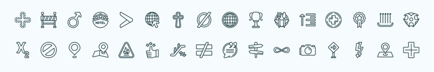 special lineal signs icons set. outline icons such as addition, is greater than, world grid, align, heat, no, fire hazard, is not equal to, infinity, electric current, maps and location line icons.