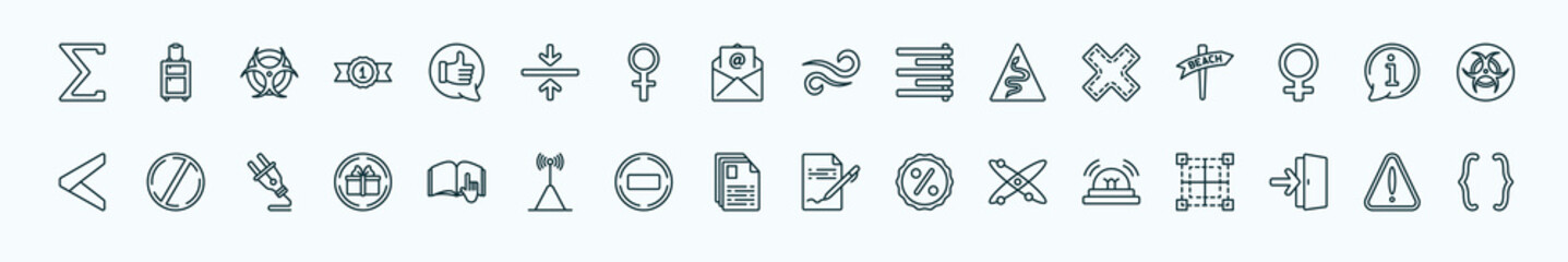 special lineal signs icons set. outline icons such as the sum of, positive, wind, cross, information, prohibition circle, instruction, text documents, atom, exit right arrow, alert line icons.