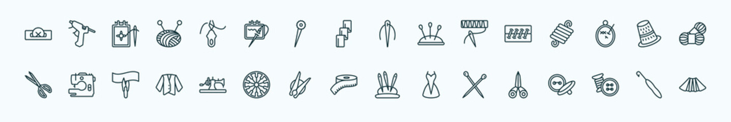 special lineal sew icons set. outline icons such as buttonhole, threading, needles, seam, sewing thimble, tailoring hine, old sewing hine, measuring, pins, sewing tools, crochet hook line icons.