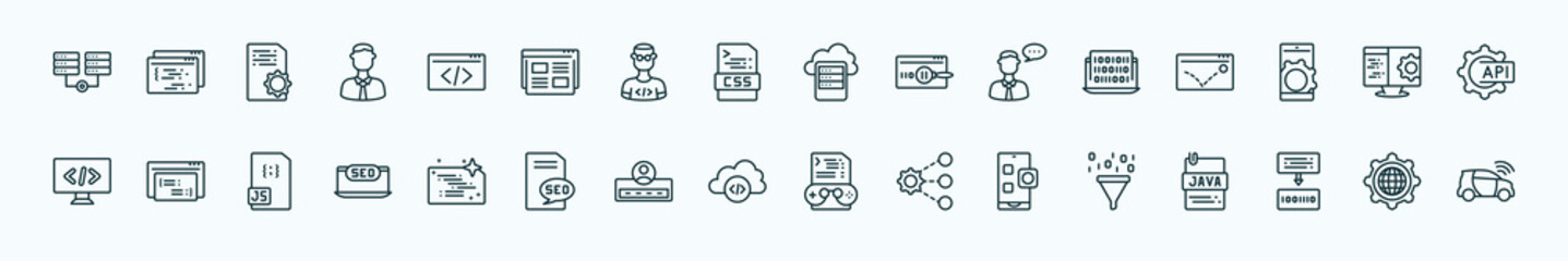 special lineal programming icons set. outline icons such as hosting, html, data storage, binary code, computing, code listing, clean code, cloud storage, app, compiler, cyberspace line icons.