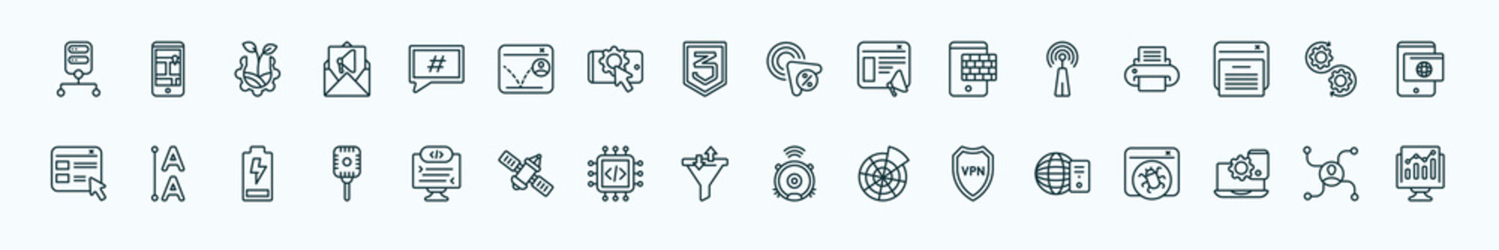 special lineal technology icons set. outline icons such as data architecture, microblogging, click through rate, reach, devops, leading, self-closing tag, sales funnel, vpn, website optimization,