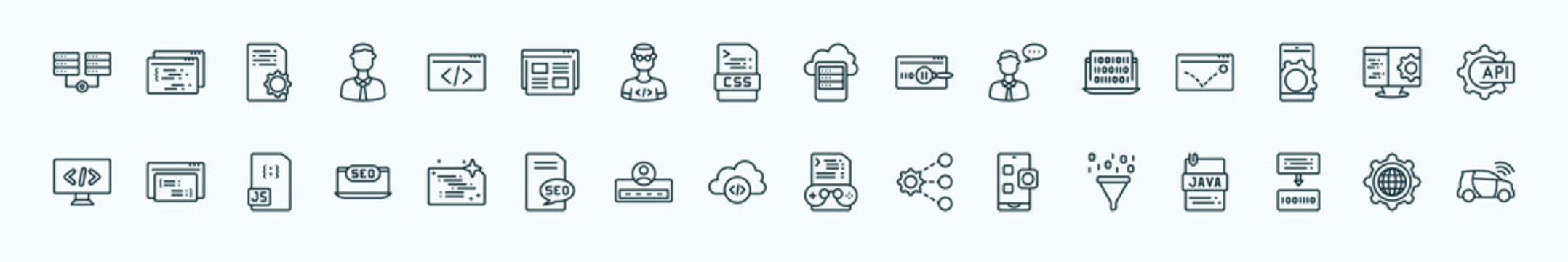 special lineal programming icons set. outline icons such as hosting, html, data storage, binary code, computing, code listing, clean code, cloud storage, app, compiler, cyberspace line icons.