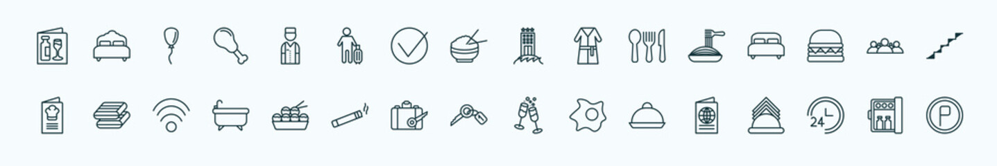 special lineal hotel and restaurant icons set. outline icons such as wine menu, bellboy, beach hotel, spaghetti, people, towels, takoyaki, room key, dish, 24 service, minibar line icons.