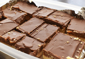 Millionaire's shortbread or chocolate caramel in a plastic box.