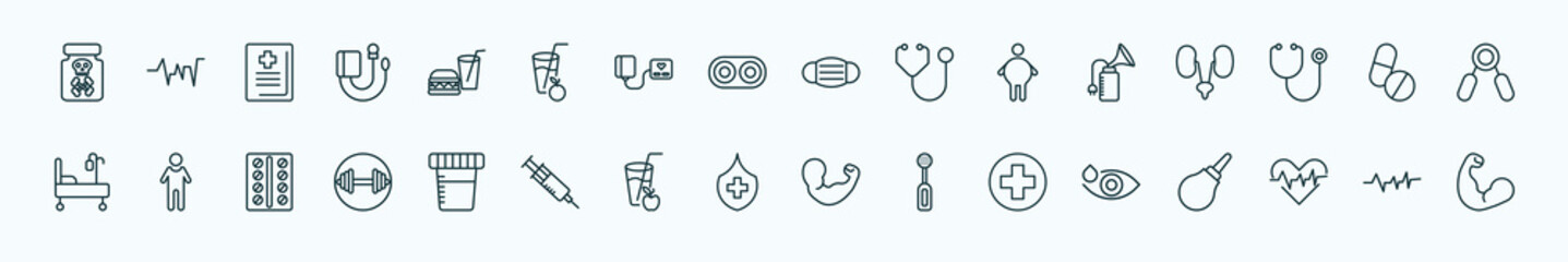 special lineal health and medical icons set. outline icons such as poisonous, fast food, medical mask, breast pump, pills, body, urine, medical shield, cardiology, pulse line icons.