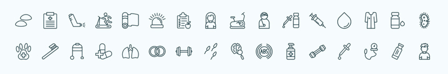 special lineal health and medical icons set. outline icons such as breast implant, yoga mat, stationary bike, syringe, syrup, tooth brush, lung, sperm, desinfectant, tonometer, gum line icons.