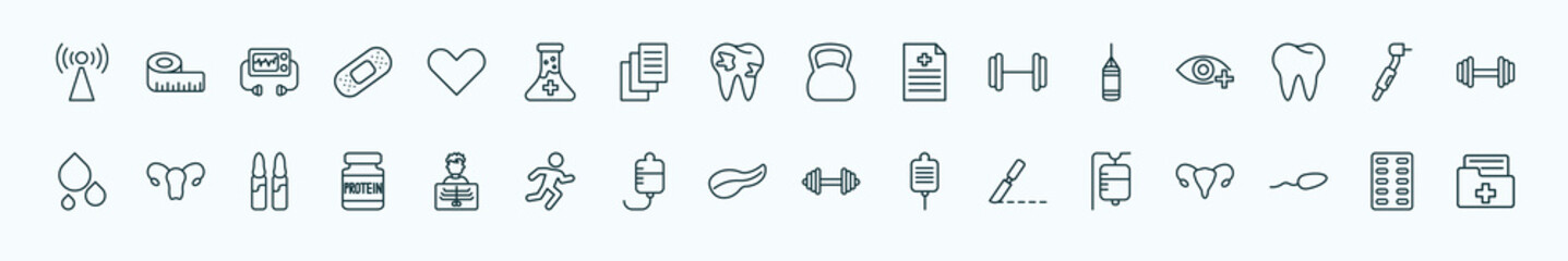 special lineal health and medical icons set. outline icons such as non ionizing radiation, heart, kettlebell, punching bag, dental drill, gynecology, x ray, pancreas, surgery, spermatozoon, medical