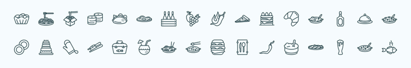 special lineal food icons set. outline icons such as canadian, mexican, hot pepper, french, covered food tray, celebration cake, fishing tool, chinese food, hot chilli pepper, pint, luosifen line