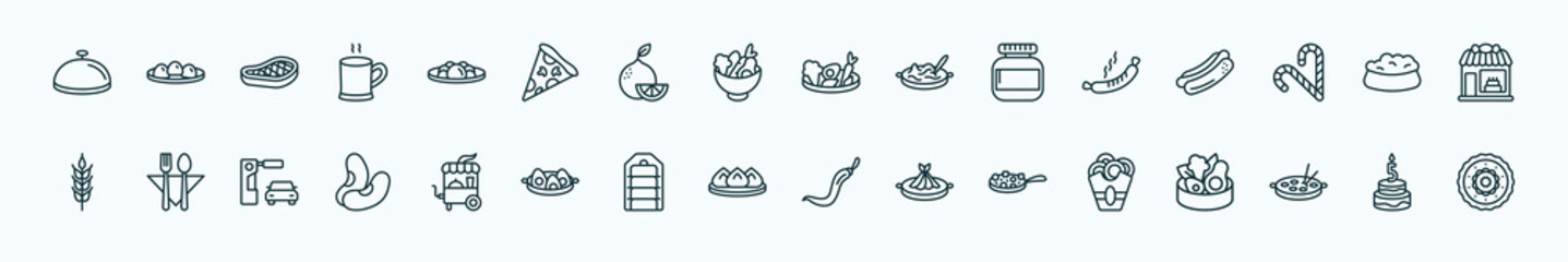 special lineal food and restaurant icons set. outline icons such as salver, yusheng, vegetarian food, sausages, dog food, bistro, fair, wonton, buddhas delight, oyster omelette, five birthday cake