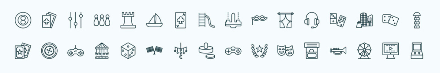 special lineal arcade icons set. outline icons such as eight ball, chess piece, , earphone, board games, roulette, dice, air hockey, theater, ferris wheel, video editing line icons.