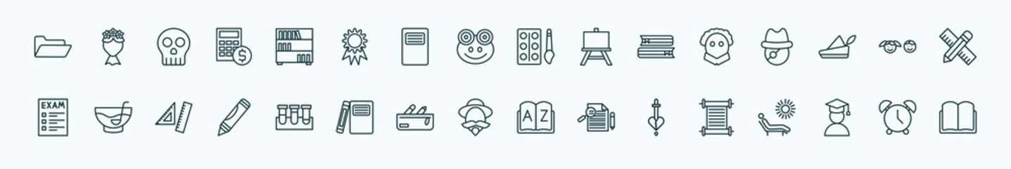 special lineal education icons set. outline icons such as folder, book shelf, watercolor, othello, kids, punch bowl, test tubes, don quixote, romeo and juliet, student, alarm clock line icons.