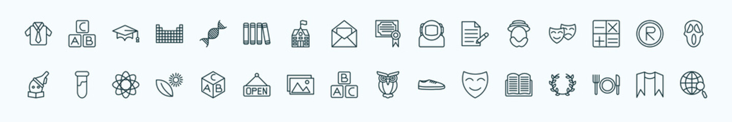 special lineal education icons set. outline icons such as uniform, dna, diploma, robinson crusoe, registered, tube, block with letters, abc, comedy mask, lunch, sash line icons. - obrazy, fototapety, plakaty
