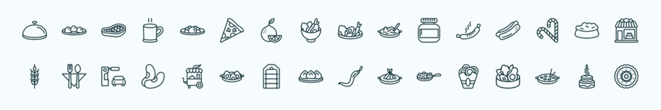 Special Lineal Food And Restaurant Icons Set. Outline Icons Such As Salver, Yusheng, Vegetarian Food, Sausages, Dog Food, Bistro, Fair, Wonton, Buddhas Delight, Oyster Omelette, Five Birthday Cake