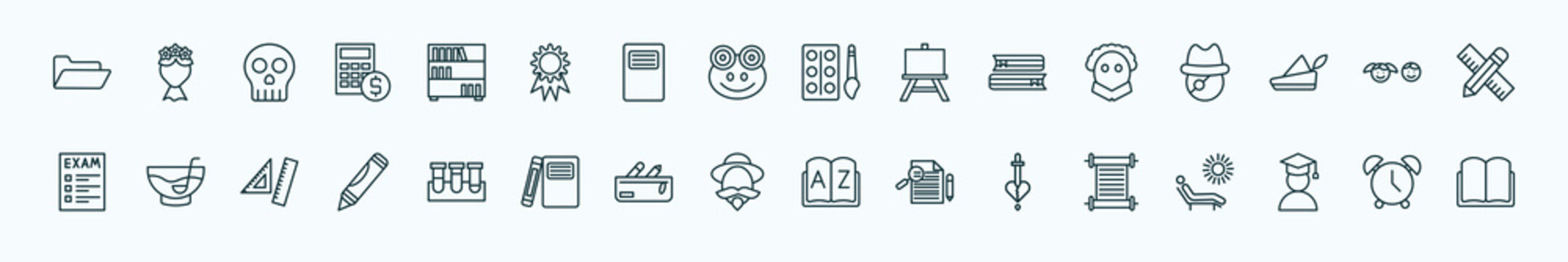 special lineal education icons set. outline icons such as folder, book shelf, watercolor, othello, kids, punch bowl, test tubes, don quixote, romeo and juliet, student, alarm clock line icons.
