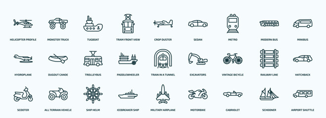 Obraz na płótnie Canvas special lineal transportation icons set. outline icons such as helicopter profile, tram front view, metro, hydroplane, paddlewheeler, vintage bicycle, scooter, icebreaker ship, cabriolet, schooner