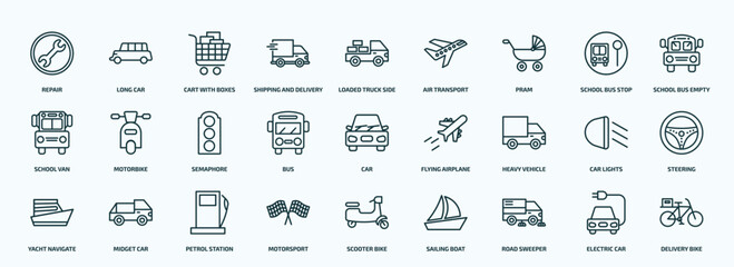 Obraz na płótnie Canvas special lineal transport icons set. outline icons such as repair, shipping and delivery, pram, school van, bus, heavy vehicle, yacht navigate, motorsport, road sweeper, electric car line icons.