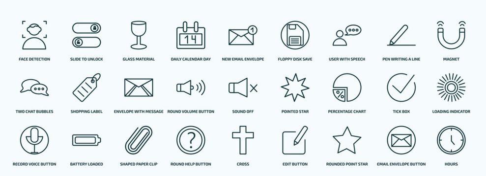 special lineal user interface icons set. outline icons such as face detection, daily calendar day 14, user with speech bubble, two chat bubbles, round volume button, percentage chart, record voice