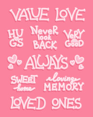 A set of pleasant and warm words on a pink background. Vector illustration of lettering different phrases and words. Hand-drawn.