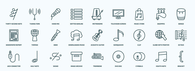 Obraz na płótnie Canvas special lineal music and media icons set. outline icons such as thirty second note rest, dotted barline, music store, newspaper report, downloaded music cloud, clef, jack connector, image archive,