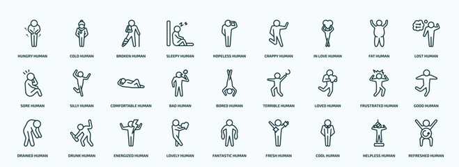 Naklejka na ściany i meble special lineal feelings icons set. outline icons such as hungry human, sleepy human, in love human, sore bad loved drained lovely cool helpless line icons.