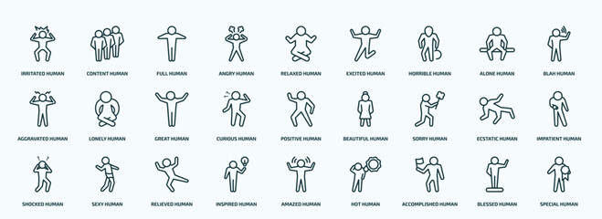 special lineal feelings icons set. outline icons such as irritated human, angry human, horrible human, aggravated curious sorry shocked inspired accomplished blessed line icons.