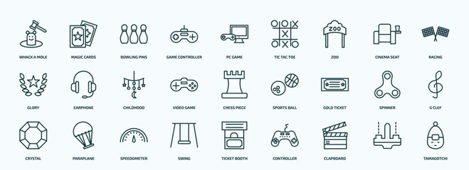Obraz na płótnie Canvas special lineal arcade icons set. outline icons such as whack a mole, game controller, zoo, glory, video game, gold ticket, crystal, swing, clapboard, line icons.
