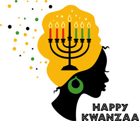 Greeting card for Kwanzaa with African women. Vector illustration. Happy Kwanzaa decorative greeting card. seven kwanzaa candles