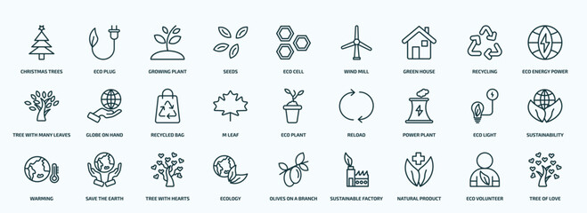 special lineal ecology icons set. outline icons such as christmas trees, seeds, green house, tree with many leaves, m leaf, power plant, warming, ecology, natural product, eco volunteer line icons.