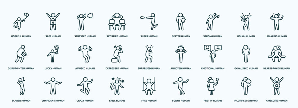 special lineal feelings icons set. outline icons such as hopeful human, satisfied human, strong human, disappointed depressed emotional scared chill pretty incomplete line icons.