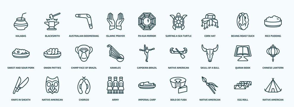 special lineal culture icons set. outline icons such as kalabas, islamic prayer, cork hat, sweet and sour pork, kankles, skull of a bull, knife in sheath, army, native american spear, egg roll line