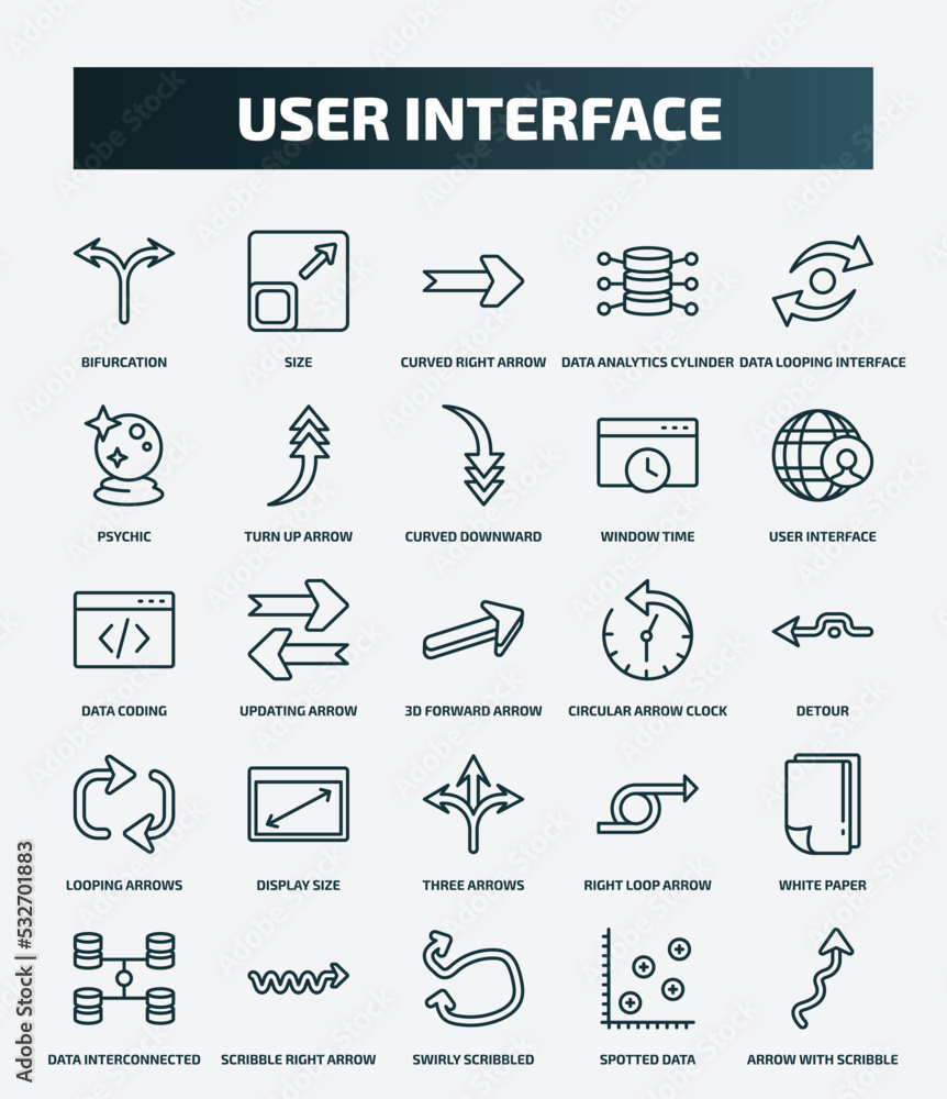 Poster set of 25 special lineal user interface icons. outline icons such as bifurcation, size, data looping