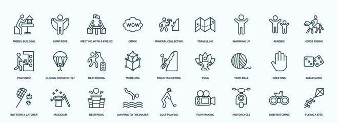 special lineal activity and hobbies icons set. outline icons such as model building, comic, warming up, pachinko, modeling, yarn ball, butterfly catcher, jumping to the water, motorcycle, bird