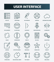set of 25 special lineal user interface icons. outline icons such as film list, paper work, disconnected chains, slide right, unlink, ink level, detective search, turn off, text height, evil smile