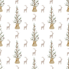 Seamless background with Christmas tree and deer. Pattern in boho style. Scandinavian style. Christmas pattern. Vector pattern.