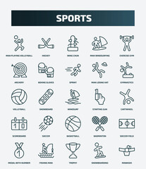 Naklejka premium set of 25 special lineal sports icons. outline icons such as man playing volleyball, hockey, exercise gym, sprint, volleyball, starting gun, soccer, soccer field, trophy, snowboarding line icons.