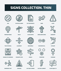 set of 25 special lineal signs collection. thin icons. outline icons such as add, no fire allowed, alert, align center, toxic material, mathematical, favourite star, femenine, exit right arrow,