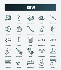 set of 25 special lineal sew icons. outline icons such as spool, mannequin, seam ripper, crochet hook, measuring, measuring tape, cutting tool, pincushion, running stitch, clothing line icons.