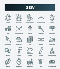 set of 25 special lineal sew icons. outline icons such as leather, pin cushion, sewing, needles, tracing wheel, grommet, cutting, sewing scissors, sewing craft, knit line icons.